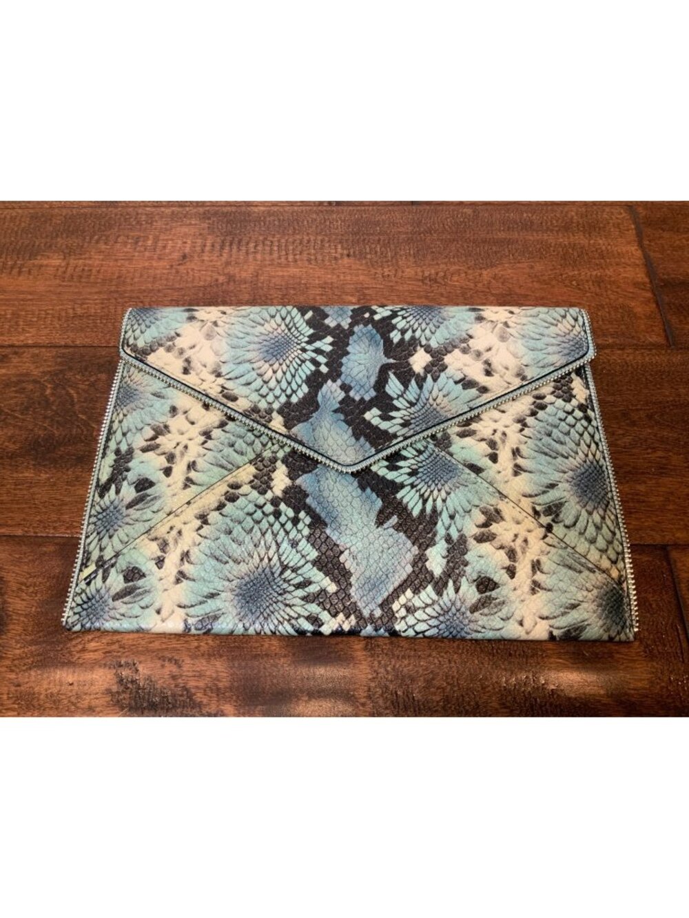 Rebecca Minkoff Blue White Python Embossed Leather Leo Envelope Clutch Purse
